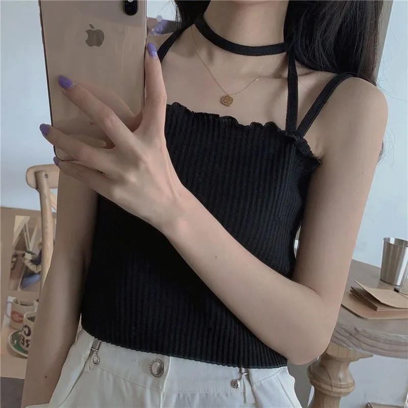Design sense neck style sexy short suspender vest for women's new summer knitted jacket