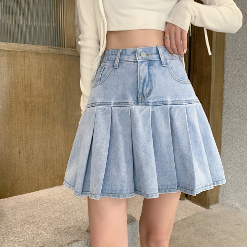 Summer new hot girl high waist denim pleated skirt