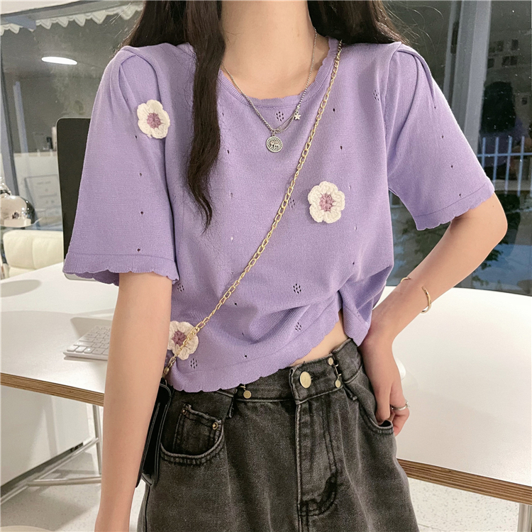 Real price real shot cut-out knitwear sunscreen blouse women's summer flower ice silk short sleeve thin top