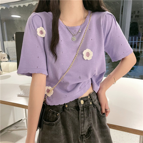 Real price real shot cut-out knitwear sunscreen blouse women's summer flower ice silk short sleeve thin top