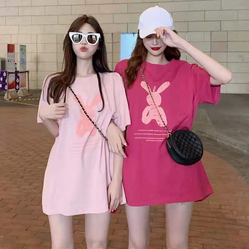 Cotton T-shirt women's 2021 summer new best friend mid length loose cartoon print