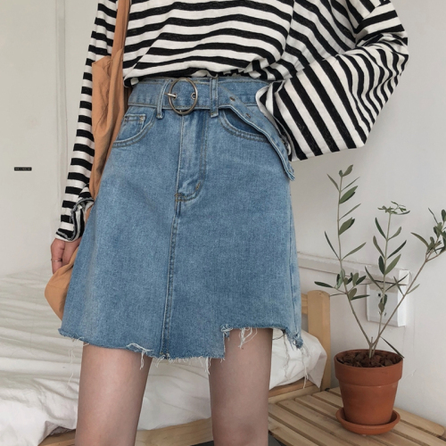 Real shot! ~ Korean 100-set high waist slim irregular torn-edged jeans half-length skirt A-shaped skirt trend