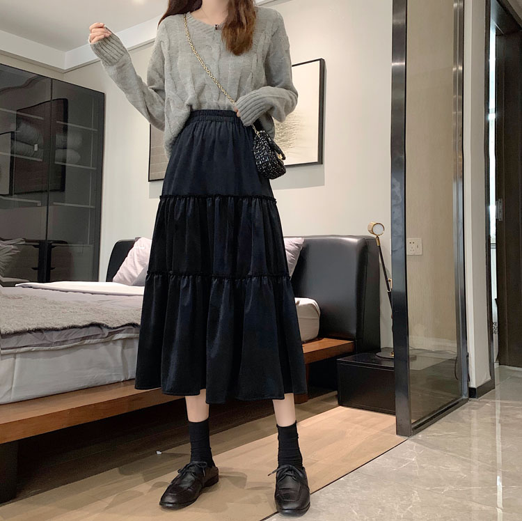 Real shot real price ~ 2020 new Korean style velvet big pendulous feeling high waist shows thin medium length skirt woman