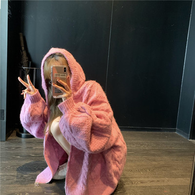 Heavy industry twist loose hooded cardigan sweater coat female autumn students versatile long sleeved sweater top
