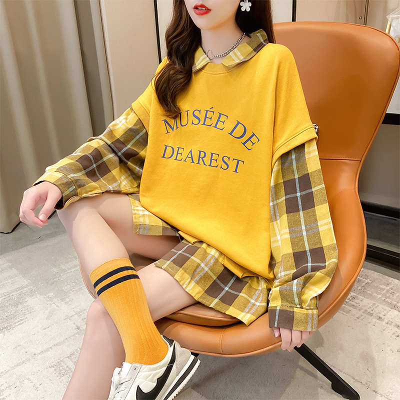 Real shooting cotton large size women's clothing spring and autumn thin long sleeve sweater women's Korean version loose and thin fake two-piece top net red