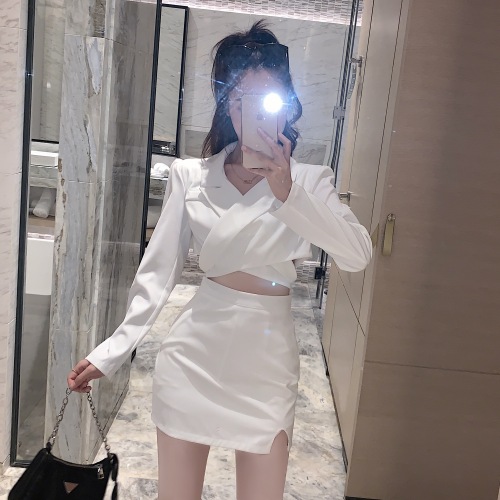 Real shooting of designer's open waist suit Hepburn suit fashion cross top wrap hip skirt two-piece set