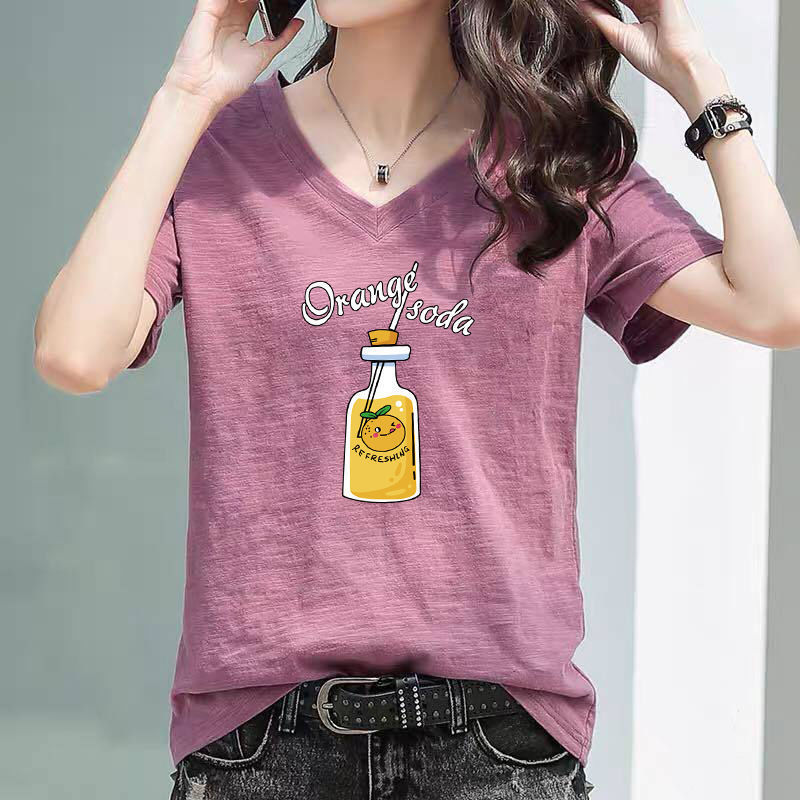 100% slub cotton V-neck printed T-shirt Women Short Sleeve autumn summer new Korean loose large half sleeve T-shirt fashion