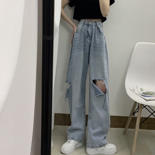 Non real shot spring and summer perforated jeans women's high waisted wide leg pants floor dragging straight pants