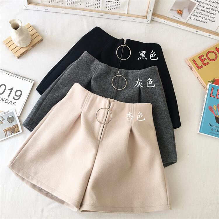 Autumn and winter woolen Korean version shows thin A-line versatile zipper elastic High Waist Wide Leg short pants women's loose wear boots