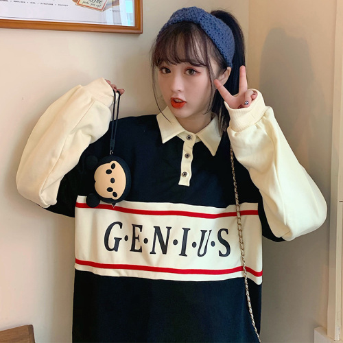 A large number of real photos of new letters in autumn casual color contrast splicing shirt long sleeve Plush sweater