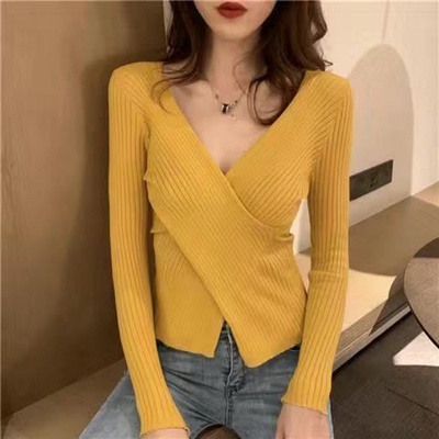 Sexy cross V-neck slim knit spring and Autumn New Korean long sleeve top Pullover bottom sweater female