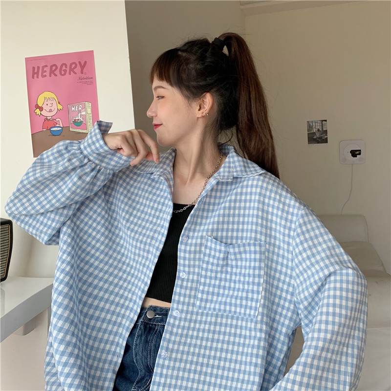 Real shot spot ~ 2020 autumn design sense minority top loose Long Sleeve Plaid Shirt coat woman