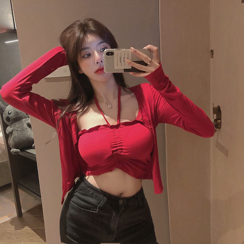 Real price leisure suit women's autumn short cardigan top sexy Strapless vest two-piece set