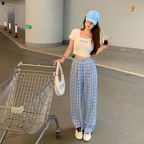 Real price letter print short round neck T-shirt + high waist Plaid loose casual wide leg pants