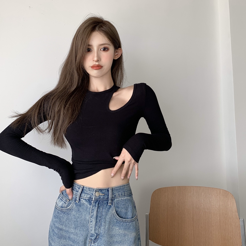 Real shot hong kong spice girl style design sense bottomed shirt careful machine hollowed out shoulder cut T-shirt short slim long sleeve top