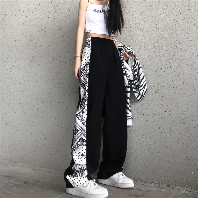 Retro cashew flower stitching design wide leg pants women's 2021 new Harajuku style loose and versatile casual pants