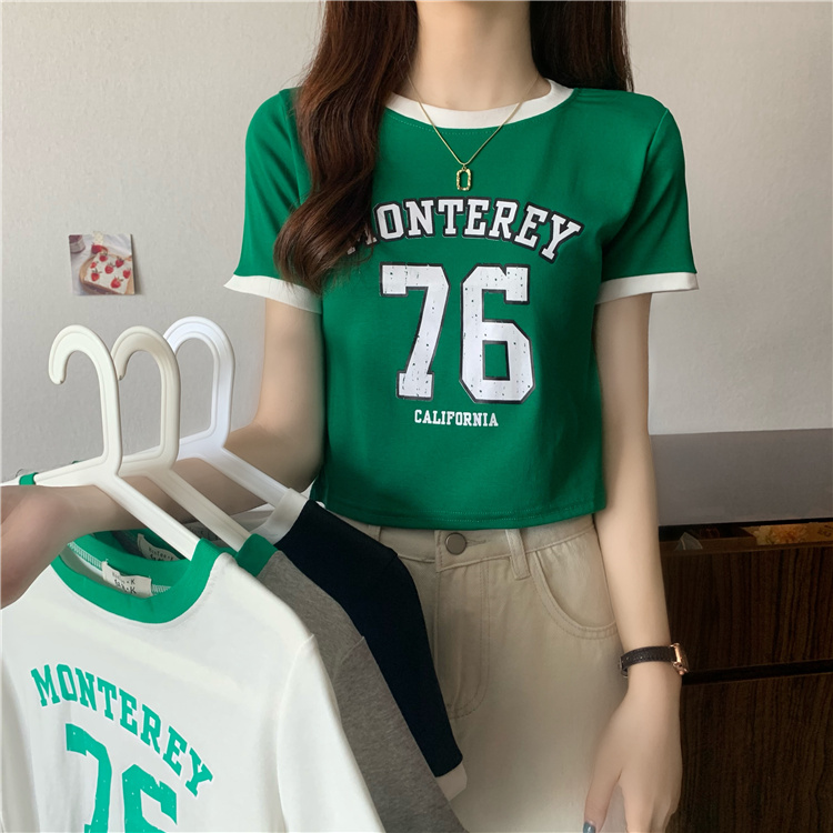 Real shot Korean new short color matching printing digital versatile thin top fashion