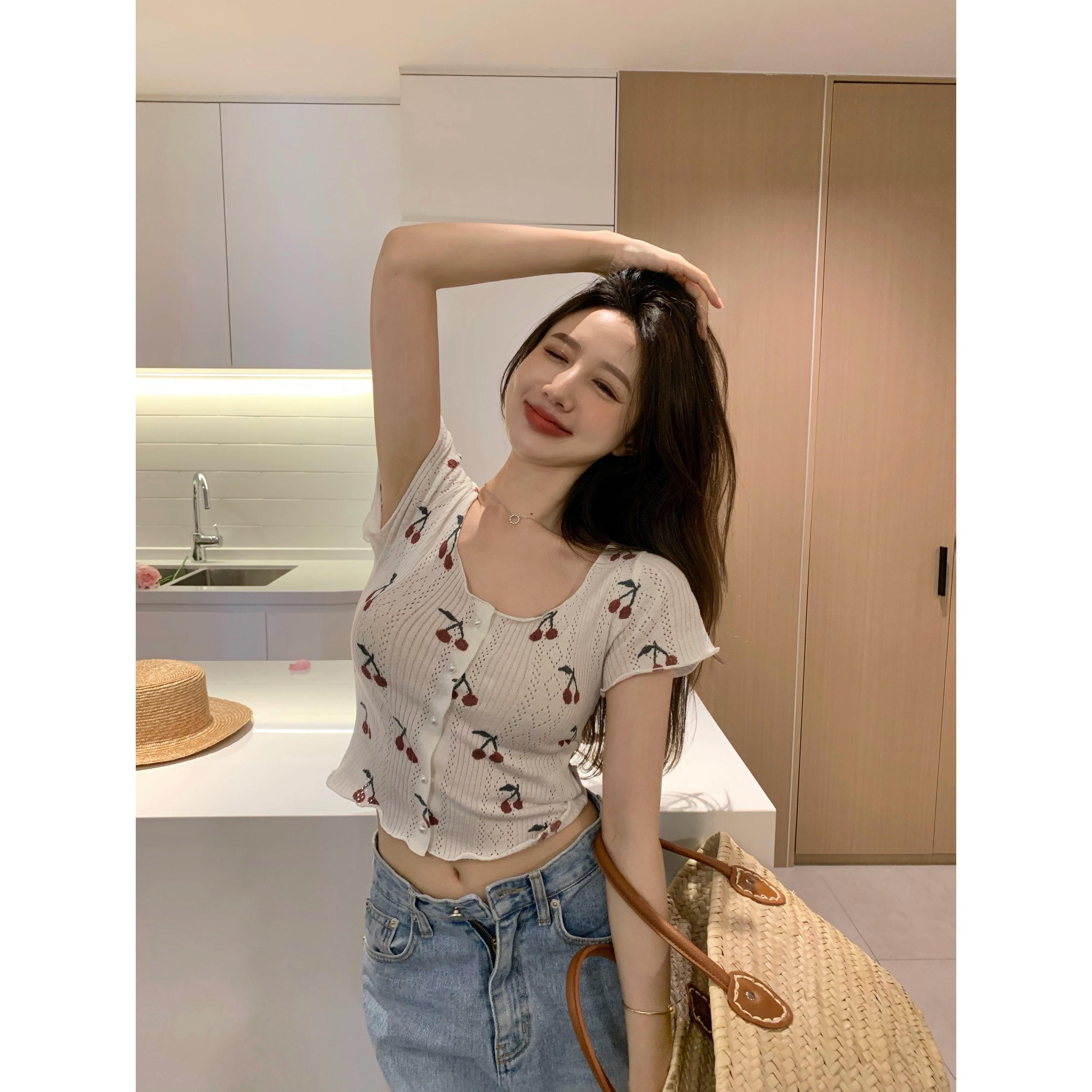 Soft summer cherry T-shirt short sleeve small fresh fashion versatile fairy short slim top girl