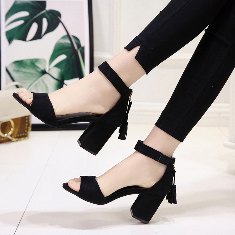 Summer new style women's shoes thick heel high heels women's middle heel button belt open tooth sandals bag heel back zipper Roman shoes