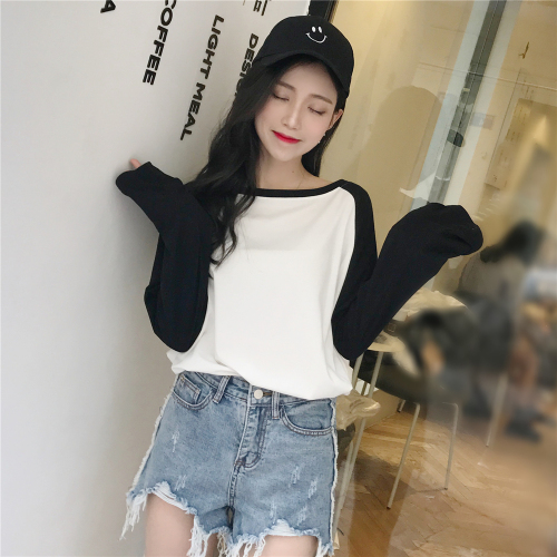Real cotton 2021 spring new versatile candy color off the shoulder Harajuku long sleeve T-shirt