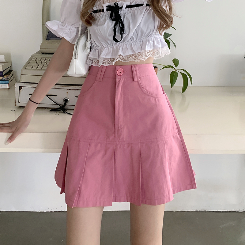 Real shot summer Korean new high waist slim short skirt with ruffle A-line skirt with lining real price