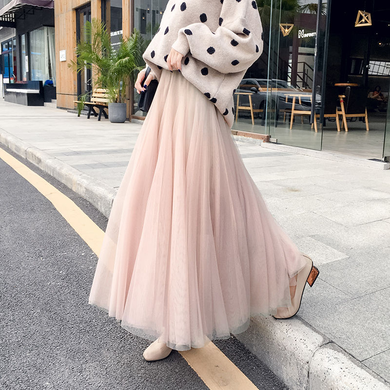 [3 layers of yarn + lining] gauze skirt half skirt long skirt princess skirt big swing Gabon pleated skirt mesh fluffy skirt