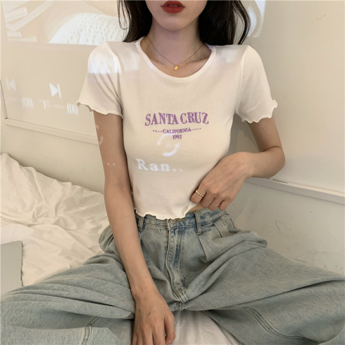 Real photo real price summer girls' high waist open navel short top embroidered letter T-shirt