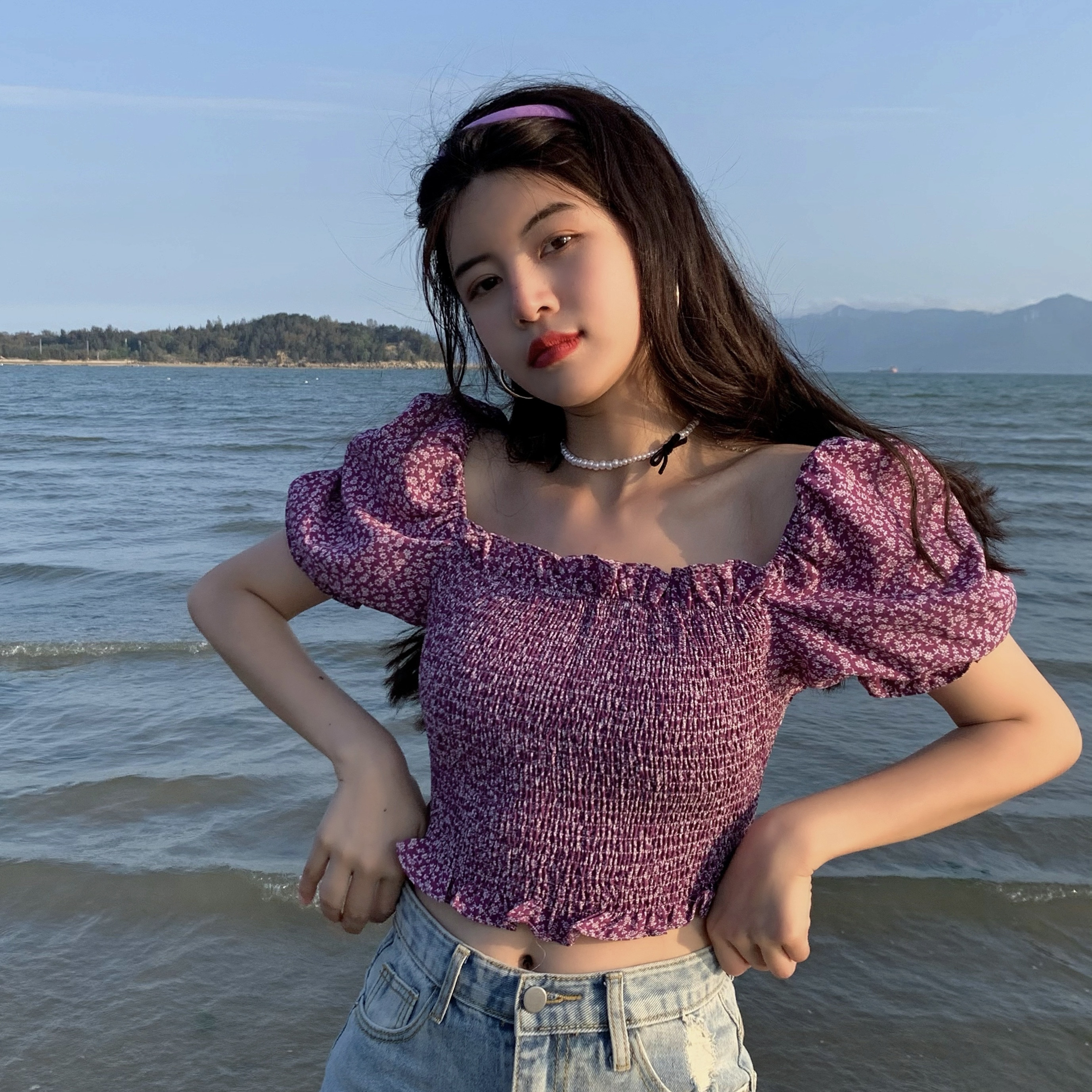 Real price French square neck purple short sleeve shirt women's design sense niche short top