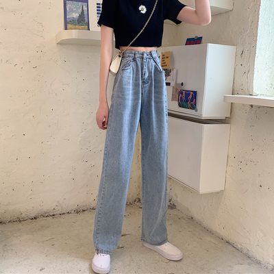Non real shot spring and summer net red show thin adjustable Hong Kong style retro drop feeling Wide Leg Denim floor dragging pants