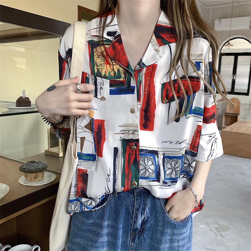 Hong Kong style retro printed shirt women's Retro Baroque loose short sleeve suit collar shirt