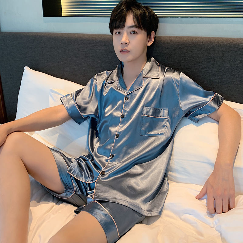 Korean version summer men's long sleeve trousers pajamas suit large size spring and autumn silk imitation home clothes two piece set