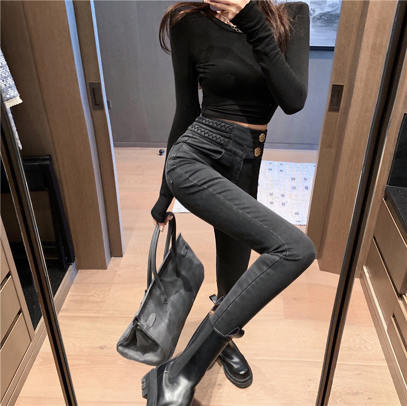 Real price! Fashion ins super fire design double waist head high waist tight elastic jeans women