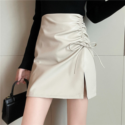 Real shooting autumn and winter drawstring split PU leather skirt high waist thin versatile A-line skirt high waist half body Hip Wrap Skirt
