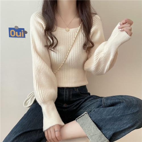 Real price real shooting Autumn New Retro square neck bubble Lantern Sleeve knitted sweater