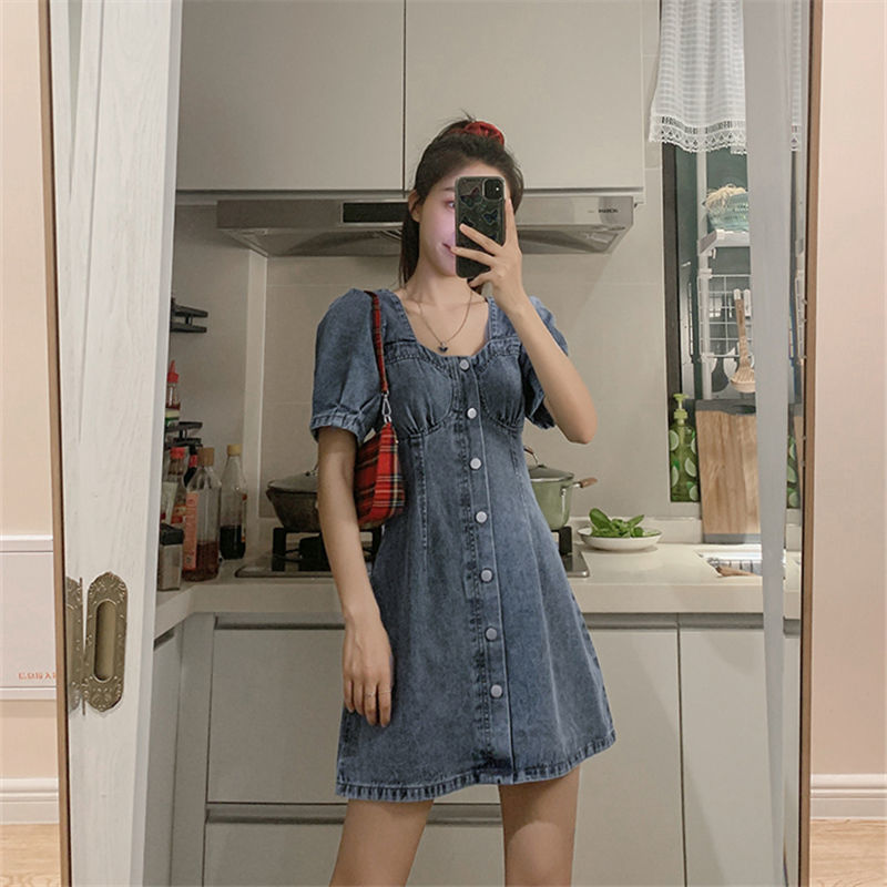 Guo Jiujiu denim dress female summer 2020 waist closing temperament goddess fan high waist A-line skirt bubble sleeve skirt