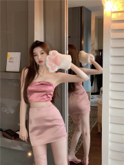 Real price short sexy bra top + high waist pink slim skirt