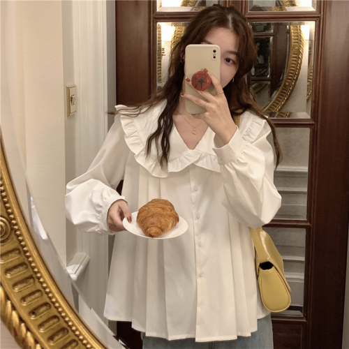 Real price! Korean Ruffle shirt vintage loose long sleeve top White Baby collar shirt