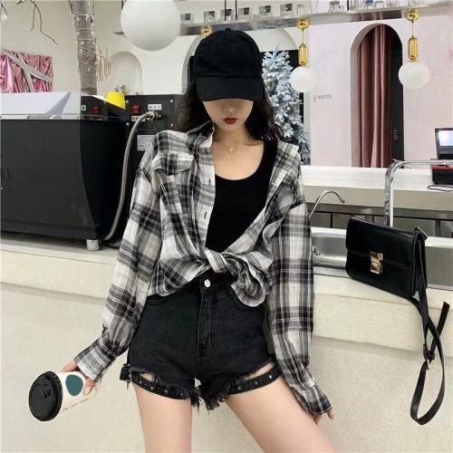 Blouse Women's New BF Wind Loose Medium-and Long-Term Black-and-White Chequered Junior Shirt Coat in Spring and Summer of 2019