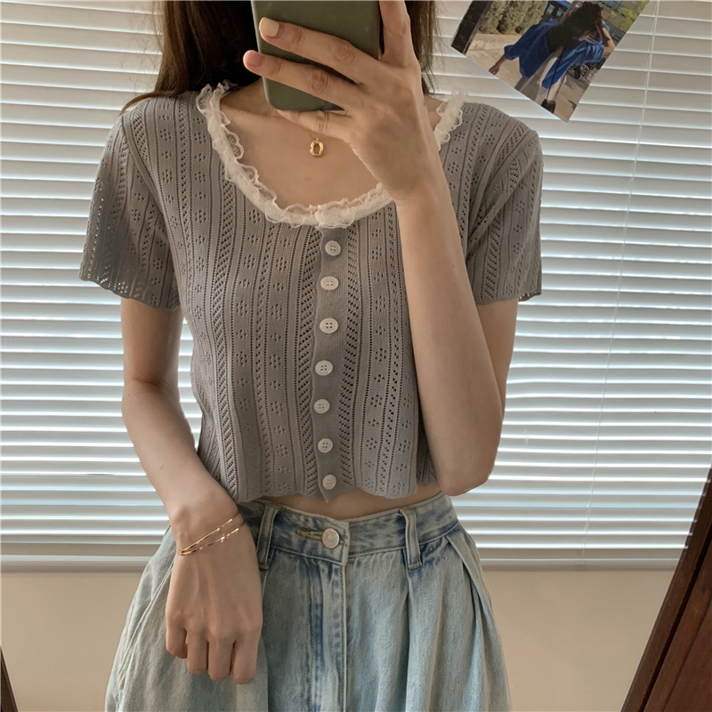 Real shot real price Korean lace edge splicing hollow short knitting top