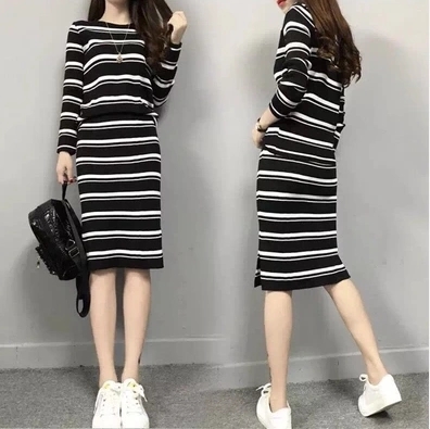 Sweater set women's autumn new Long Sleeve Striped Sweater women's bag hip skirt Korean split skirt two-piece set