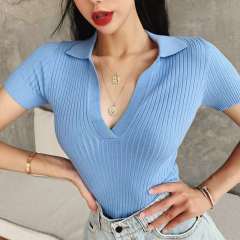 Elegant retro polo shirt knitted short sleeve t-shirt female V-neck slim fit short open navel machine top