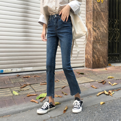 Autumn Korean version of high waist, slim and elastic irregular trousers feet micro-jeans