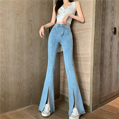 Real photo real price summer new high waisted skinny stretch tight split flare denim pants woman