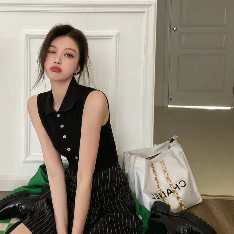 Real shooting and real price autumn 2021 new sleeveless solid color T-shirt bottom shirt polo collar top