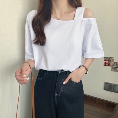 South Korean summer new design sense of caution machine leakage shoulder sling loose short sleeve T-shirt women's wear
