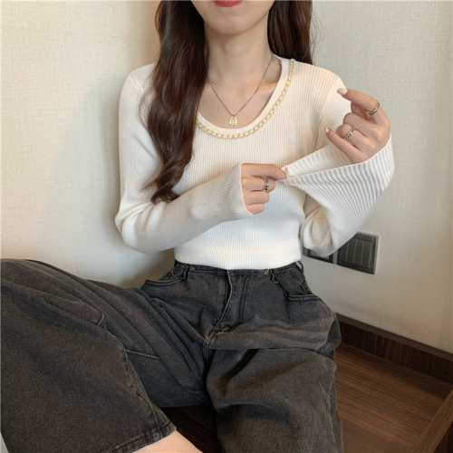 Real price autumn round neck chain Pullover long sleeve sweater slim fit and versatile blouse women