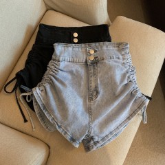 Real shot real price drawstring Jeans Shorts high waist double button hot girl net red fried Street pants