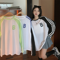 Long sleeve T-shirt women's fall 2021 new college style undershirt missing contrast stitching loose sportswear top