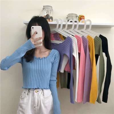 Black ear edge one shoulder knitted thin long sleeve T-shirt women's summer new style loose and thin jacket