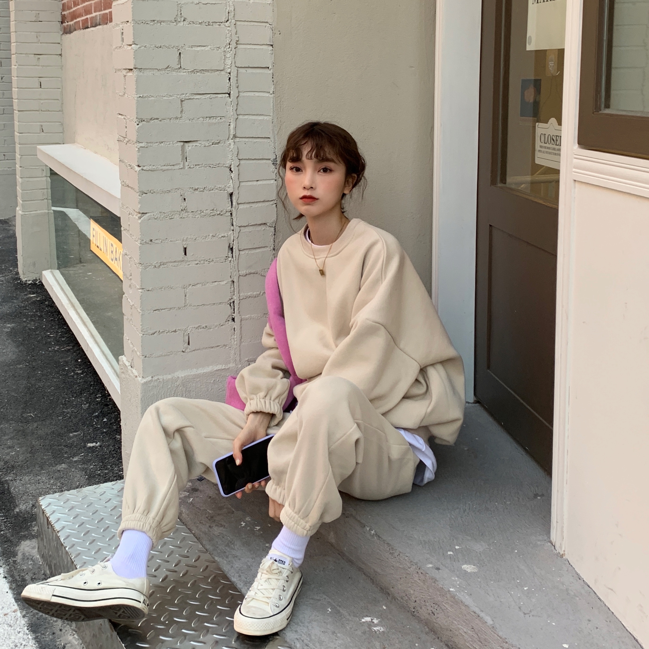 Real price and real shooting Korean simple fashion fleece sweater set